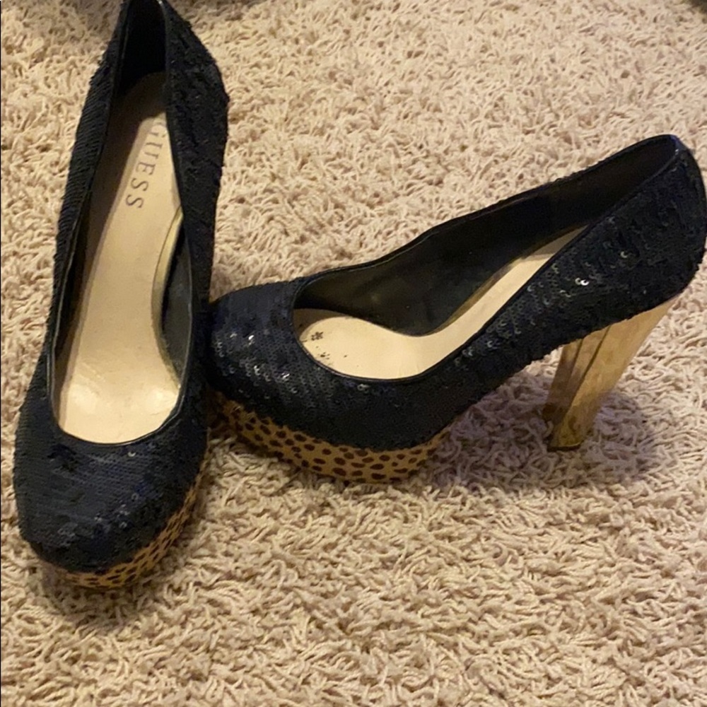 Black sequins gold and leopard print chunky heels